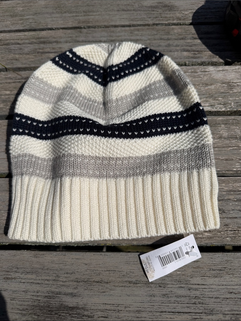 Banana Republic Cream Beanie with Gray and Navy Stripes